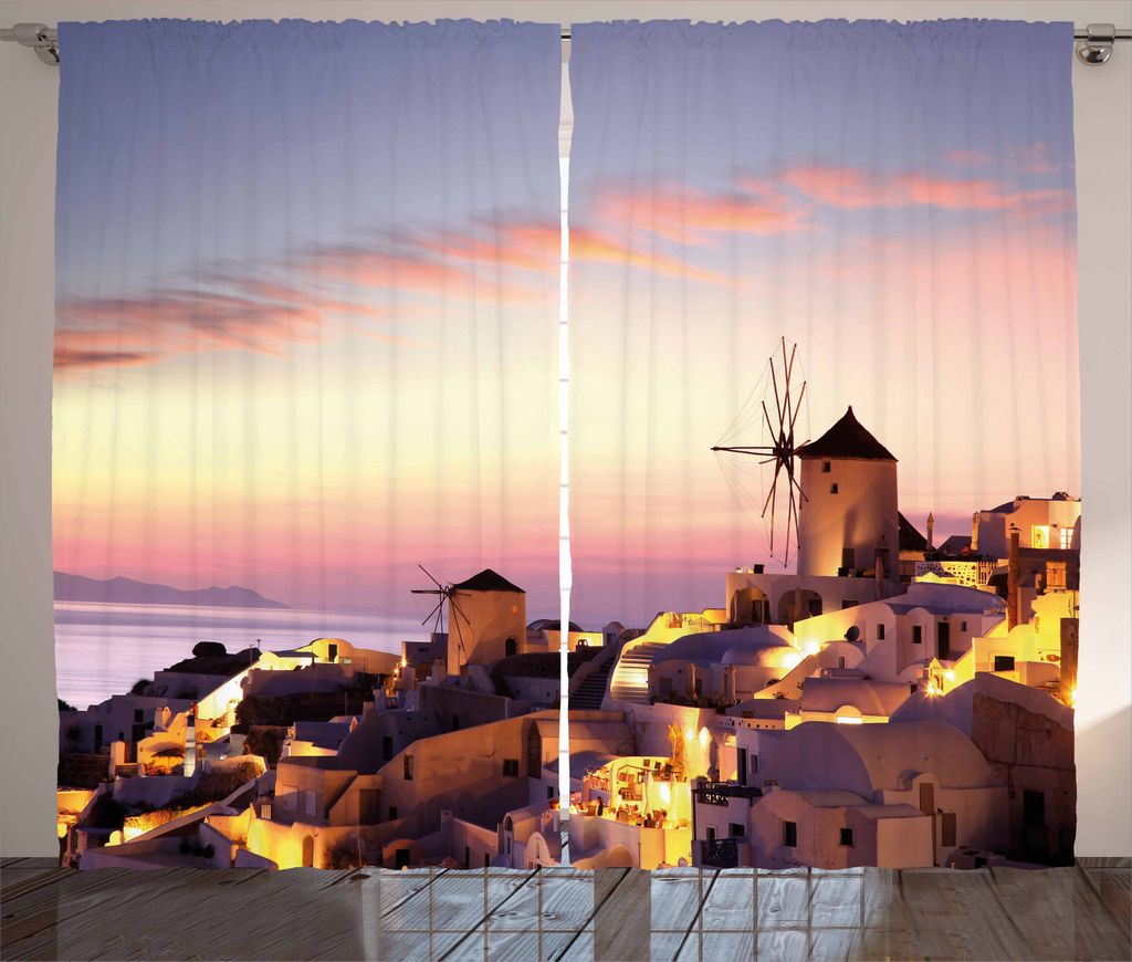 ABAKUHAUS Windmühle Rustikaler Gardine, Santorini Griechenland, Schlafzimmer Kräuselband Vorhang mit Schlaufen und Haken, 280 x 245 cm, Mehrfarbig