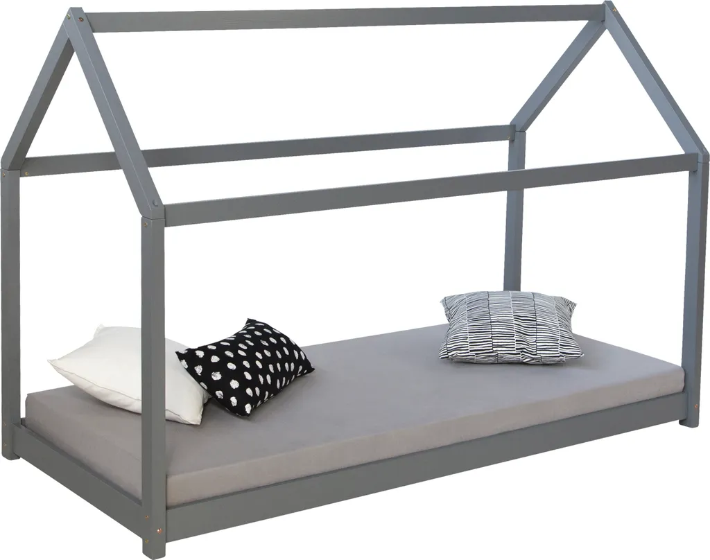 Lit enfant cabane 90x200 cm en bois gris - Lit maison de jeu ludique