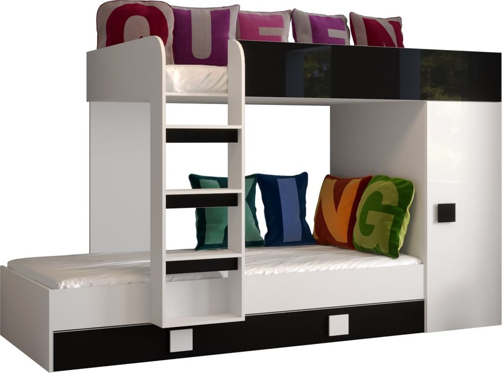 Etagenbett für Kinder Toledo 2 Stockbett mit Treppe und Bettkasten (Weiß + Schwarz Glanz)
