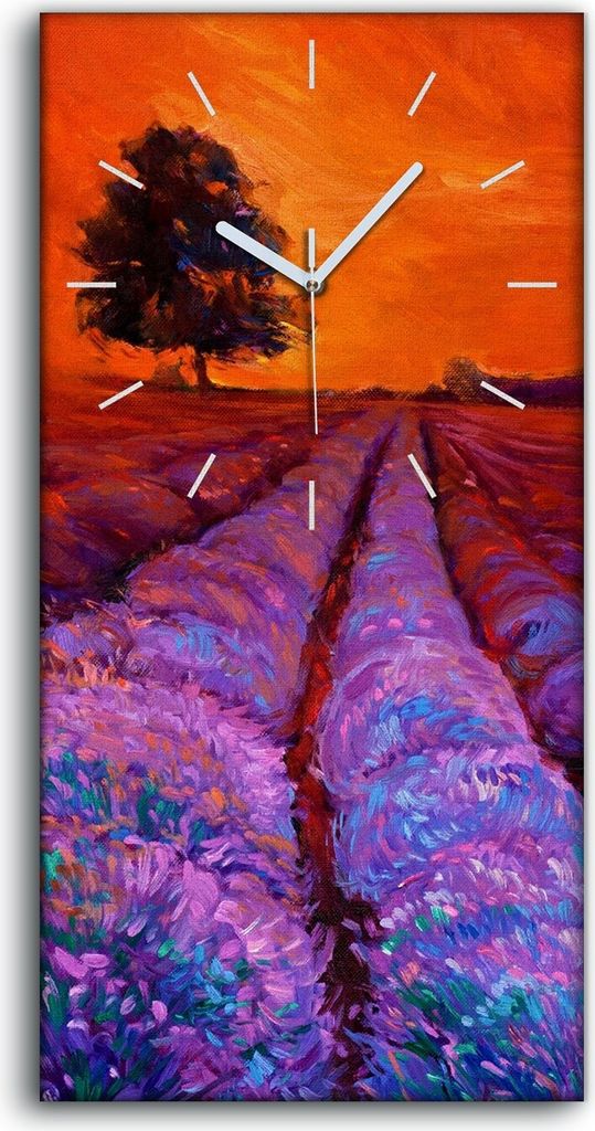 A painting of a lavender field with a tree and a sunset in the background, with clock hands superimposed.