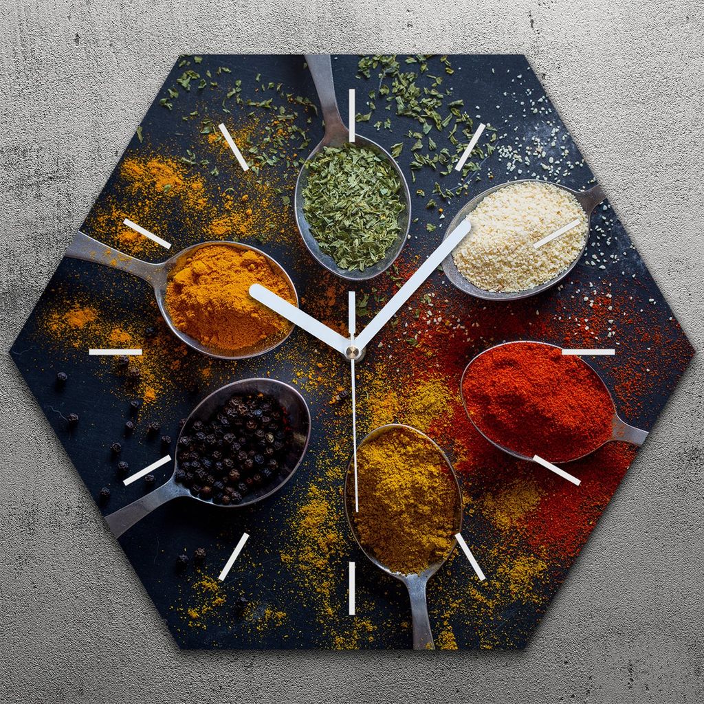 Uhr hexagonal 40 cm Glas Geräuschlos weiße Zeiger - Gewürze Gemüse