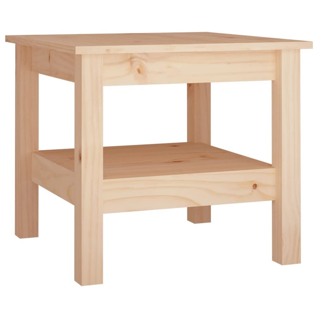 A light-colored wooden side table with a shelf.