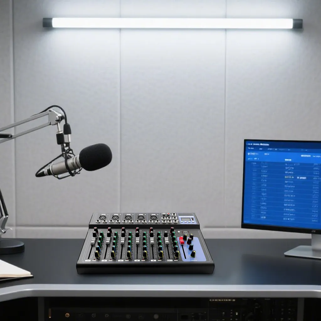 Mixer audio, 7 canali, equalizzatore a tre frequenze, monitoraggio in tempo reale, stili musicali integrati, struttura metallica robusta