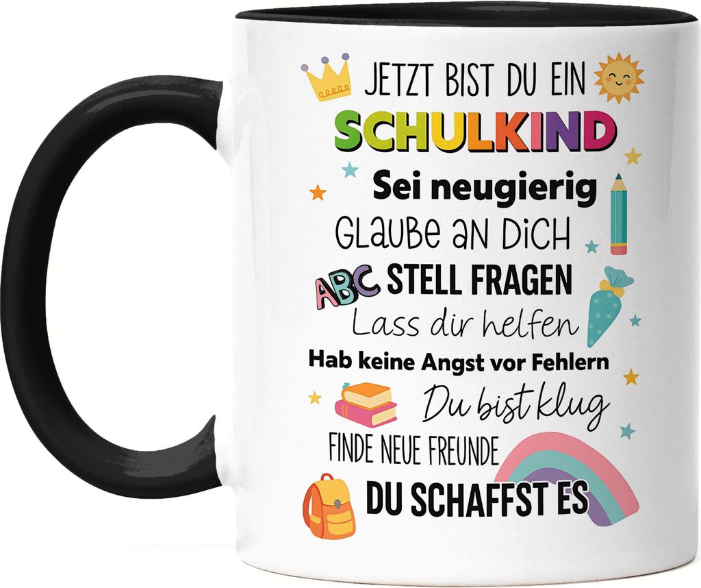 Schulkind Einschulung Tasse Schwarz Geschenk Erstklässler Mädchen Junge ABC Schule Beginn Motiv originelle Deko Idee
