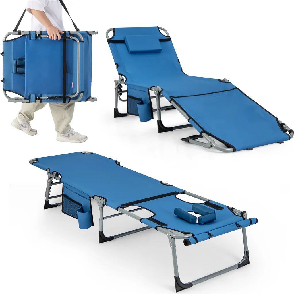 Bain de soleil bleu réglable et pliable avec design ergonomique facial
