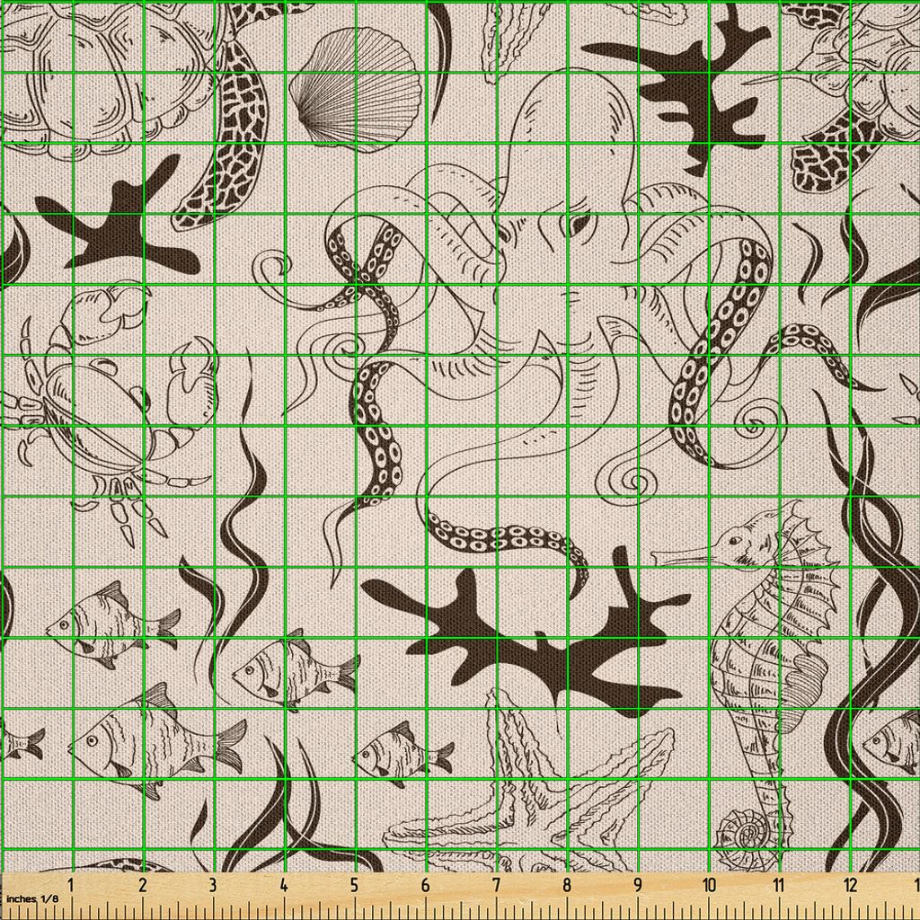 ABAKUHAUS Beige Microfaser Stoff als Meterware , Moderne Illustration Von Meerestieren Im Retro Stil Octopus Crab Seahorse Art, 3 M (230 x 300 cm),...