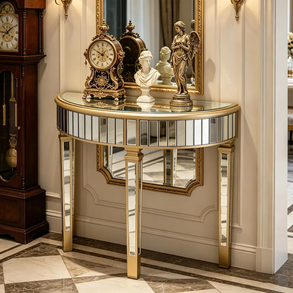 Table d'entrée étroite miroir et dorée pour petit espace et couloir
