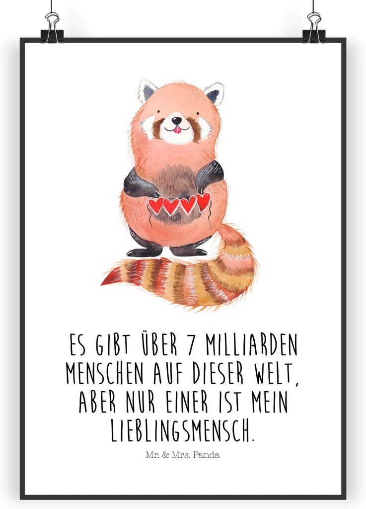 Mr. & Mrs. Panda Bild Roter Panda DIN A4 - Weiß - Geschenk, Rot, Lieblingsmensch, wanddeko, Plakat, Designposter, Herz, drucke, Liebling, Kunstdru...