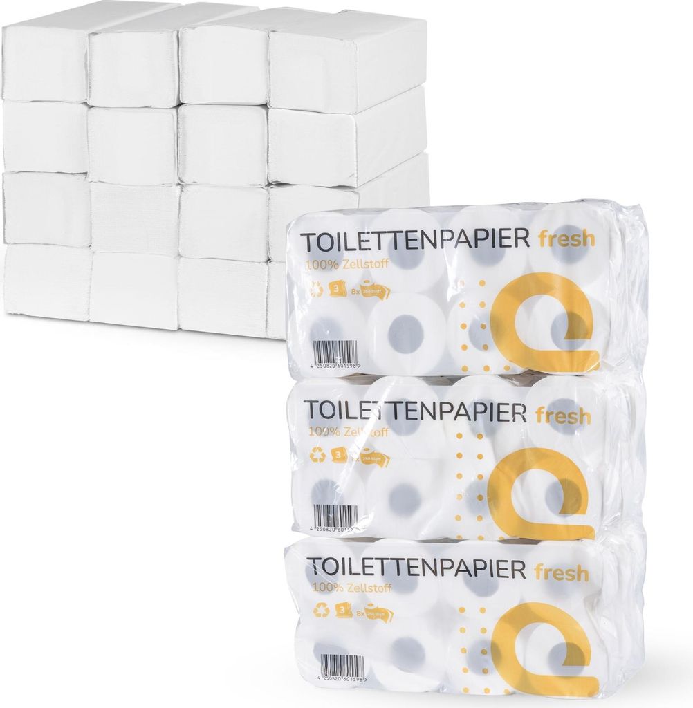 Hygieneset: Toilettenpapier 3-lagig & Falthandtücher 2-lagig – 100% Zellstoff, 72 Rollen + 3200 Tücher, hochwertige Ausstattung