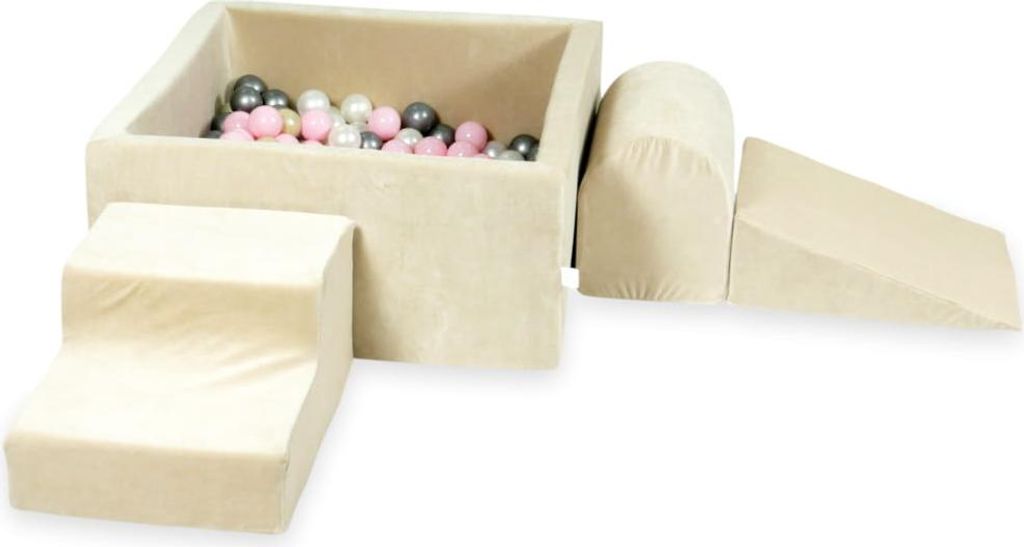 Schaumstoffspielplatz mit quadratischem Pool 90x90x40 Samtweiches Beige + 400 Bälle: Hellrosa, Hellgold, Perlmutt, Silber