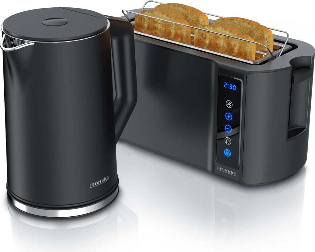 Arendo Frühstücks-Set Edelstahl, Wasserkocher mit Temperatureinstellung 1,5l, 4 Scheiben Langschlitztoaster, 4 Scheiben Toaster, Brötchenaufsatz...
