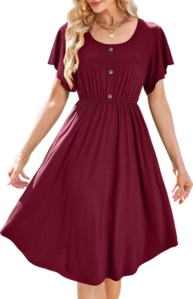 Damen Midikleid mit Taschen Sommerkleid Baumwolle Weinrot Produktbild 