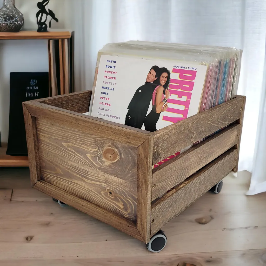 Meuble vinyle wengé sur roulettes, structure ajourée design minimaliste - 6