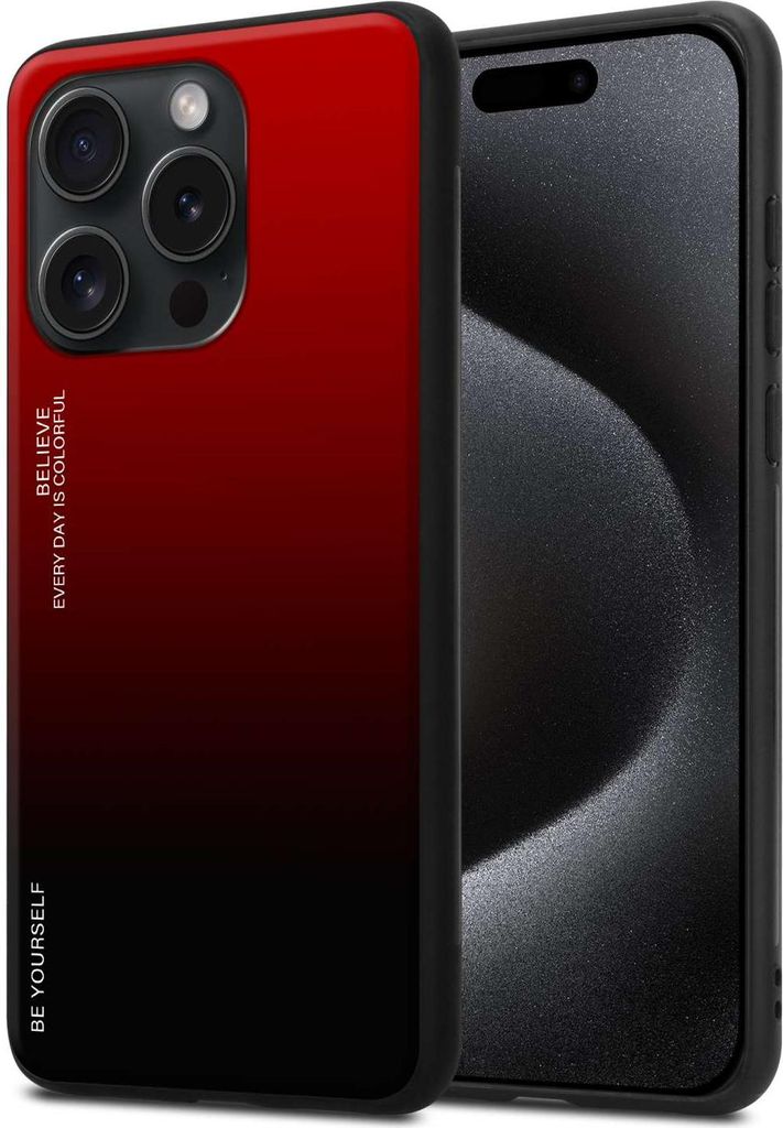 Cadorabo Hülle für Apple iPhone 15 PRO MAX in ROT - SCHWARZ Zweifarbige Schutzhülle aus Tempered Glas und TPU Silikon Back Case Cover Etui Handy...
