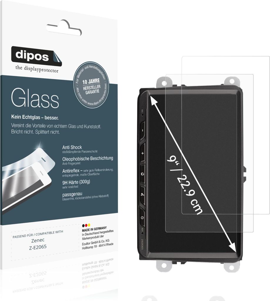 2x Schutzfolie für Zenec Z-E2065 matt - Anti-Shock 9H Folie dipos Glass Kunststoffglas