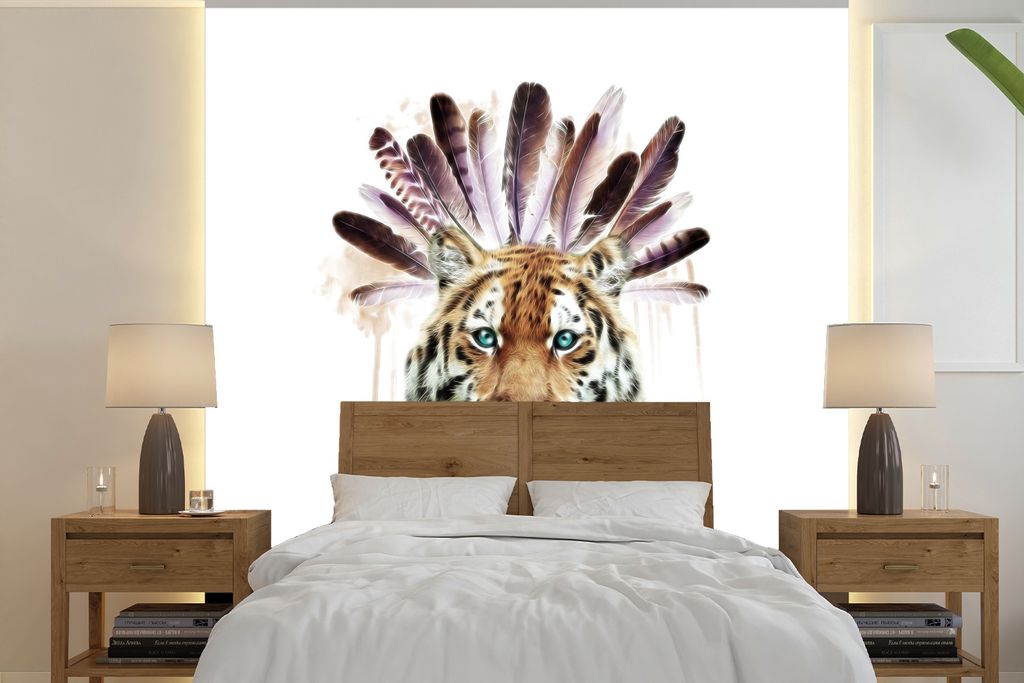 MuchoWow Fototapete für Wohnzimmer oder Schlafzimmer Wandtapete Vinyl Motivtapete Tiger - Weiß - Kopf - 300x300 cm - Wanddekoration
