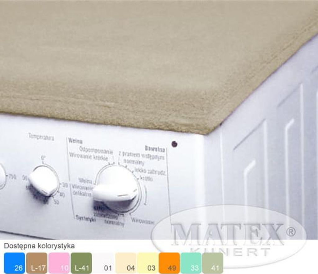 A beige cover is placed on top of a white washing machine, showing its control panel.