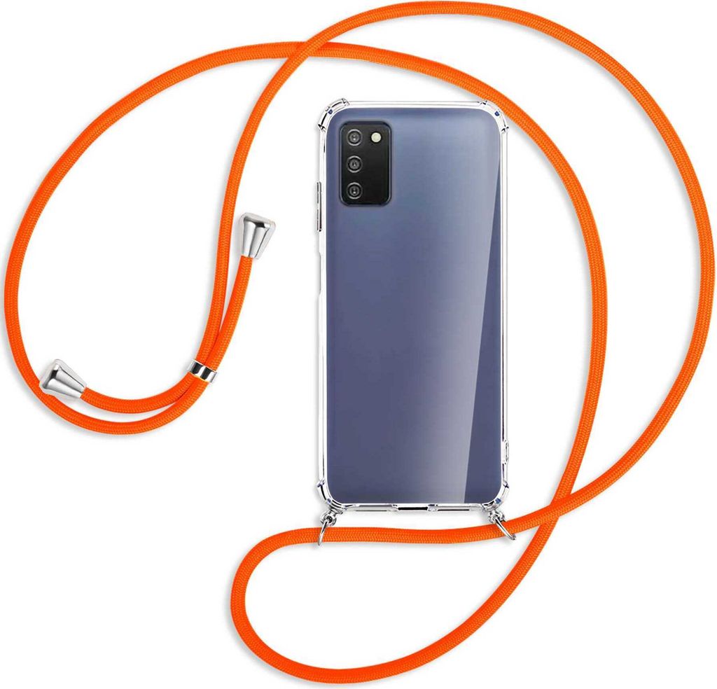 Handykette Backcover-Schutzhülle mit Band (Metall silberfarben) für Samsung Galaxy A03s 4G (EU Version) - neonorange