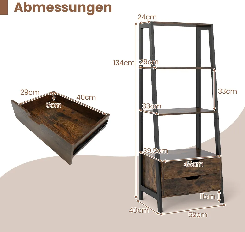 Bibliothèque avec 4 niveaux et 2 tiroirs de rangement - Structure Stable