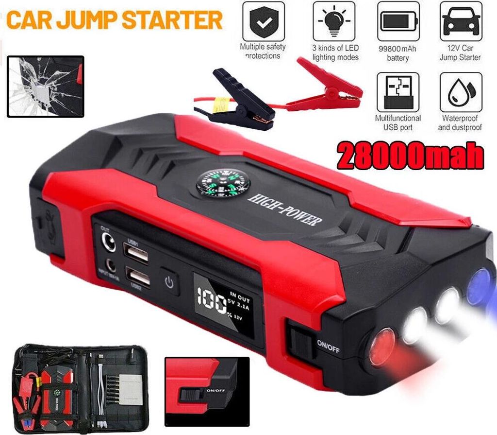 Auto Starthilfe, Tragbares Ladegerät Power Bank, Auto 12V Auto Batterie mit Smart Clamp Kabel, USB-Ladung, LED-Taschenlampe Jump Box Portable