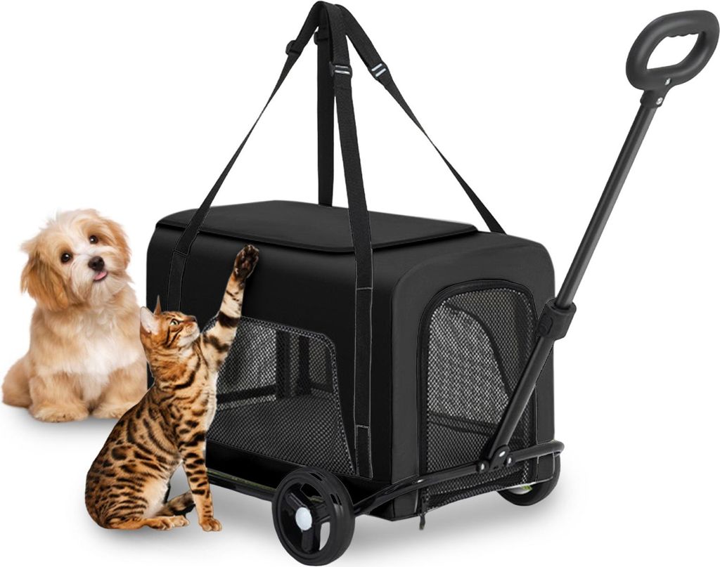 Hundetransporter mit 4 Rädern Tragbarer rollender Katzentransporter Kleintierkinderwagen mit Teleskopgriff für Reisen Camping Schwarz
