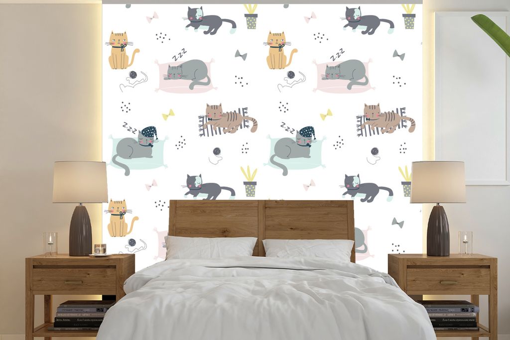 MuchoWow Fototapete für Wohnzimmer oder Schlafzimmer Wandtapete Vinyl Motivtapete Katzen - Haustiere - Muster - 300x300 cm - Wanddekoration