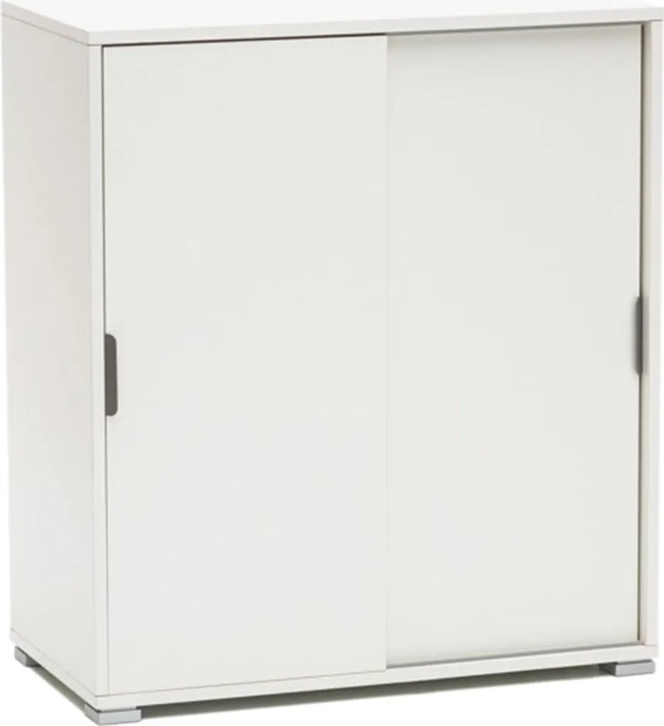 Petit buffet blanc à portes coulissantes et étagères réglables - 85cm