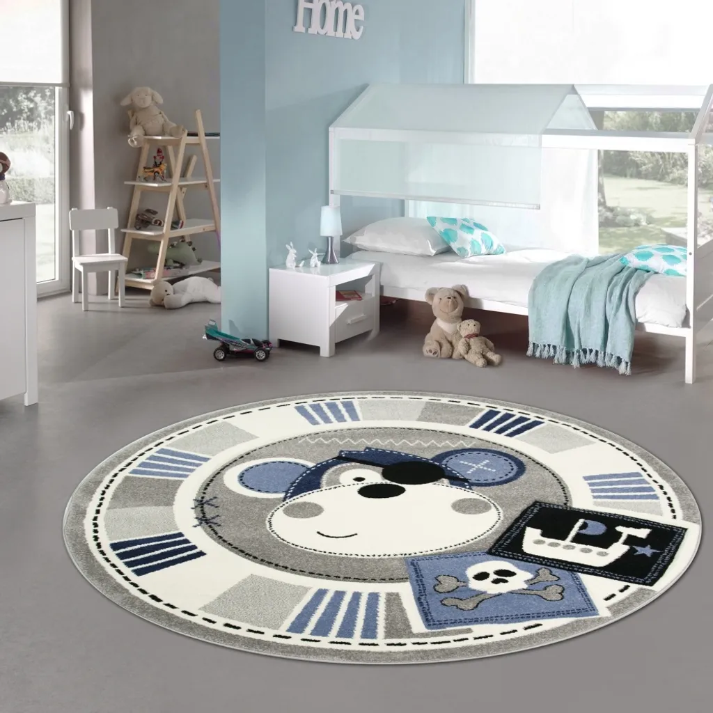 Tapis Jeu Enfant 160cm Rond Bleu Singe Pirate Haute Qualité Facile à Entretenir