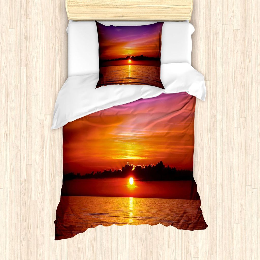 ABAKUHAUS Ozean Bettbezug Set, Romantischer Sonnenuntergang Am Strand Sun Rays Reflexion Auf Meer Colorful Sky Bild, 135 x 200 cm + 80 x 80 cm, Lila