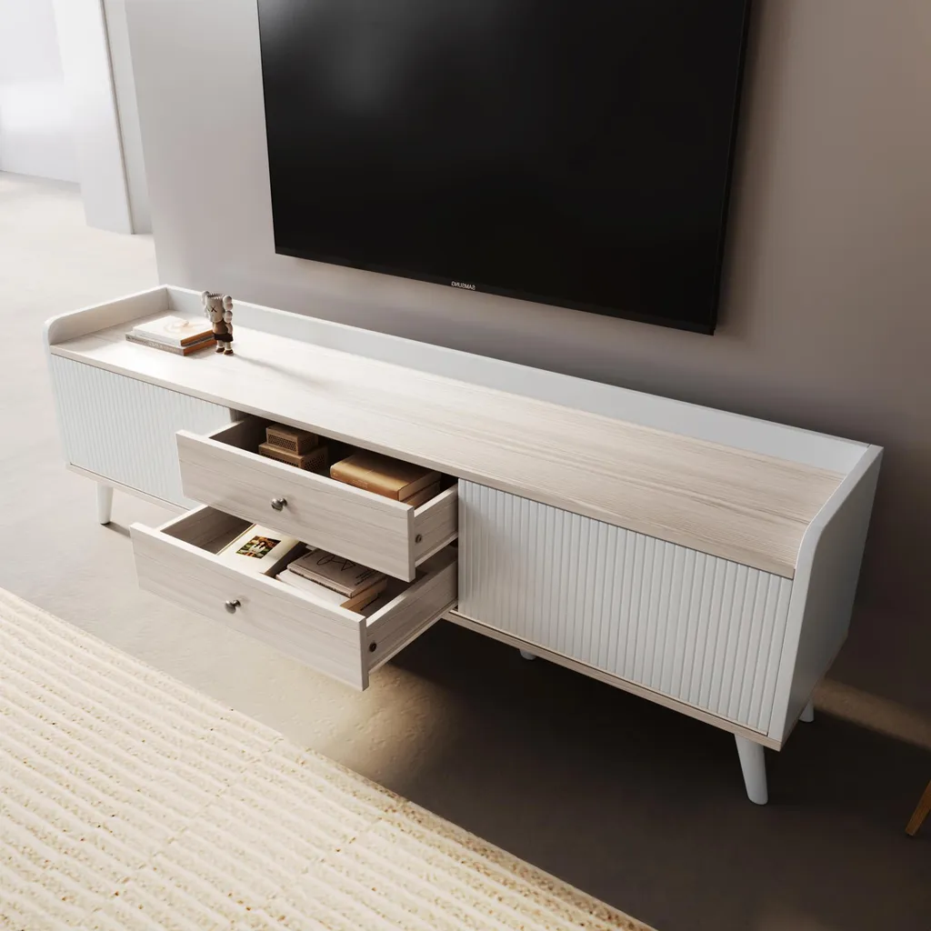 Banc TV Design Blanc 160cm avec Rangement Coulissant et 2 Tiroirs