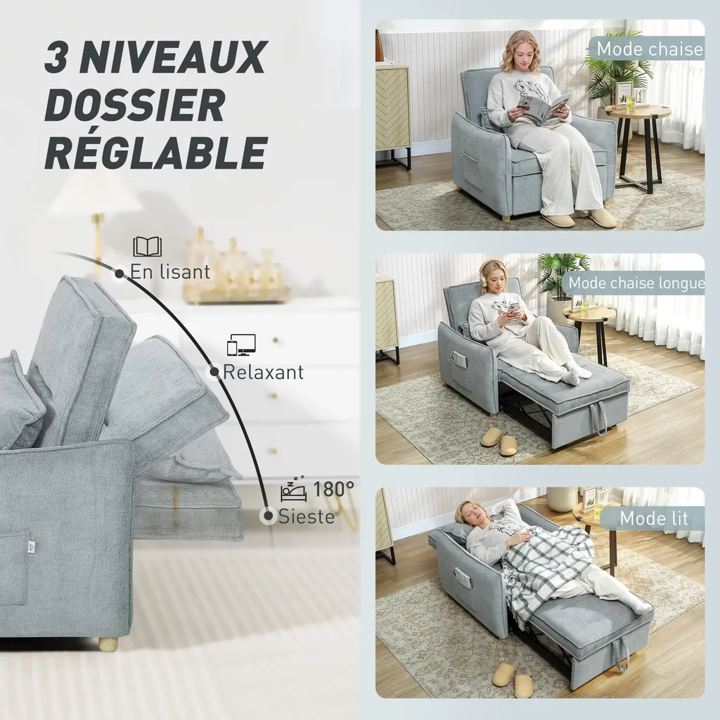 Chauffeuse convertible 1 place, fauteuil-lit en chenille grise douce - 7