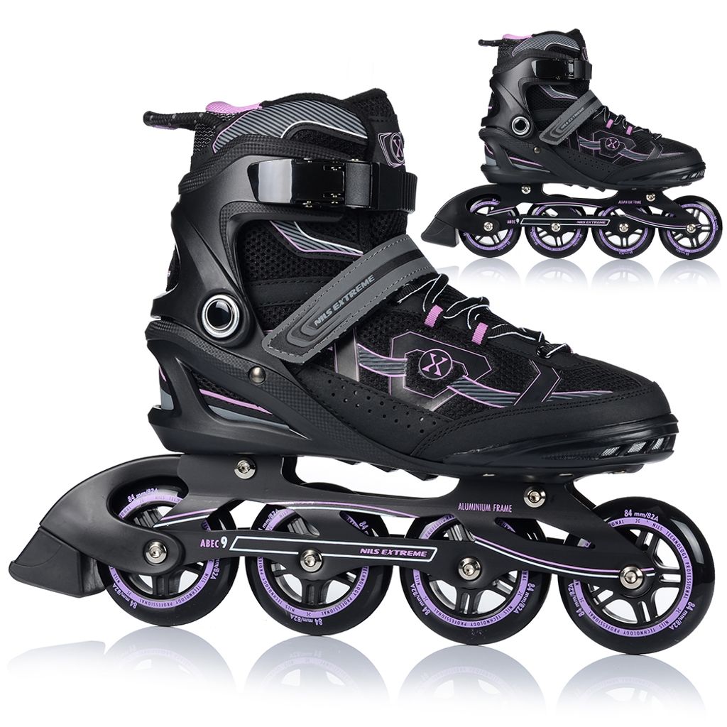 A pair of black and purple inline skates are shown against a white background. A second, smaller image of a single skate is in the background.