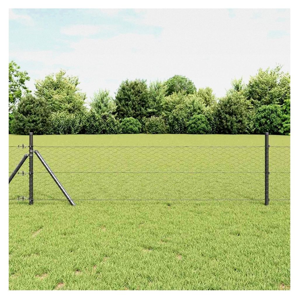 Sechseckzaun Grau 0,4 x 25 m Stahl, Zaunstangen Maschendrahtzaun für Garten, Hof, Hühnerstall, Weidezaun