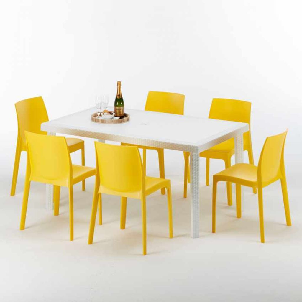 Weiß Rechteckig Tisch und 6 Stühle Farbiges Polypropylen-Außenmastenset Grand Soleil Rome Summerlife - Gelb