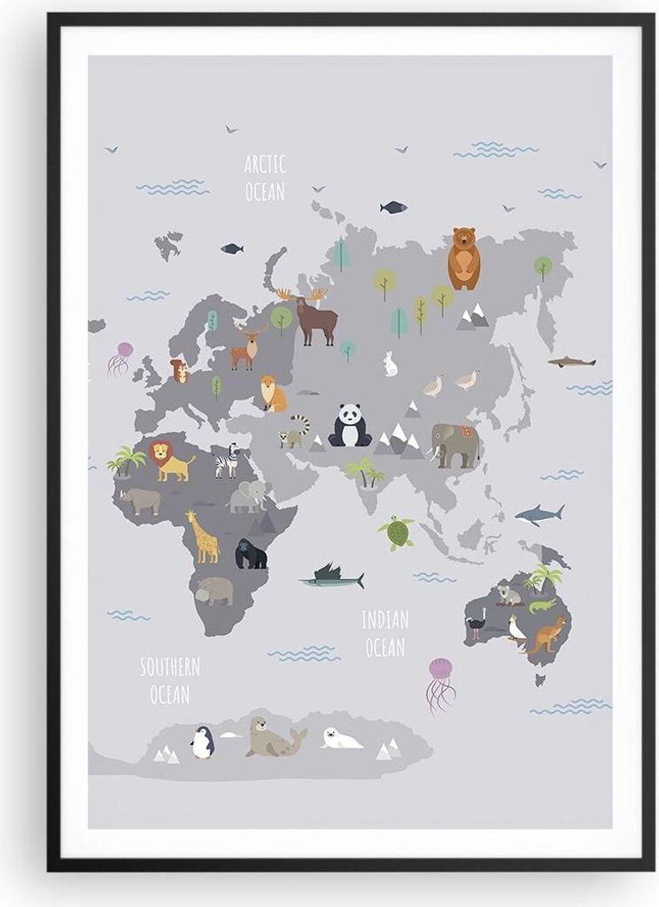 Gerahmtes Poster - Schwarzer Rahmen - Karte die Welt Kontinente - 70x100 cm - Wand Bild - Wanddeko - Wandbilder - Kunstposter - Wandposter - Bilder...