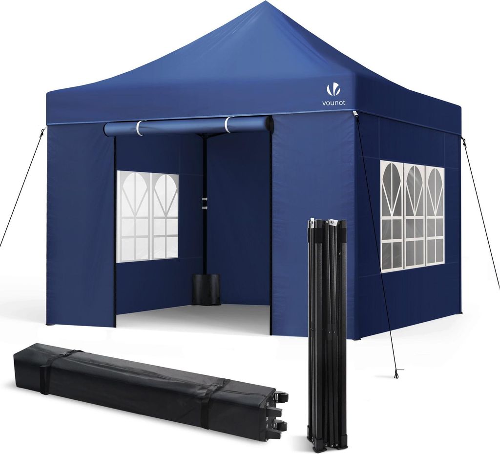 VOUNOT Pavillon 3x3m, Wasserdichter Faltpavillon, Faltbar Partyzelt mit 4 Seitenteilen, 4 Sandsäcke, Blau