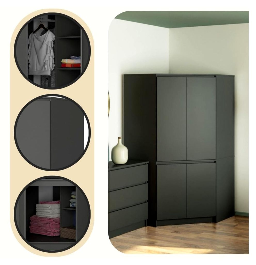 Eckkleiderschrank 100 cm | mit 4 Türen | Geräumiger Innenraum | Platzsparende Aufbewahrung | B100 x H180 x T50 cm | Gewicht 101,20 kg | Graphitgr...