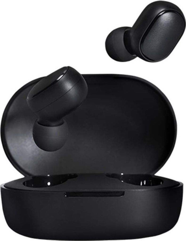 A pair of black wireless earbuds and their charging case are displayed against a white background.