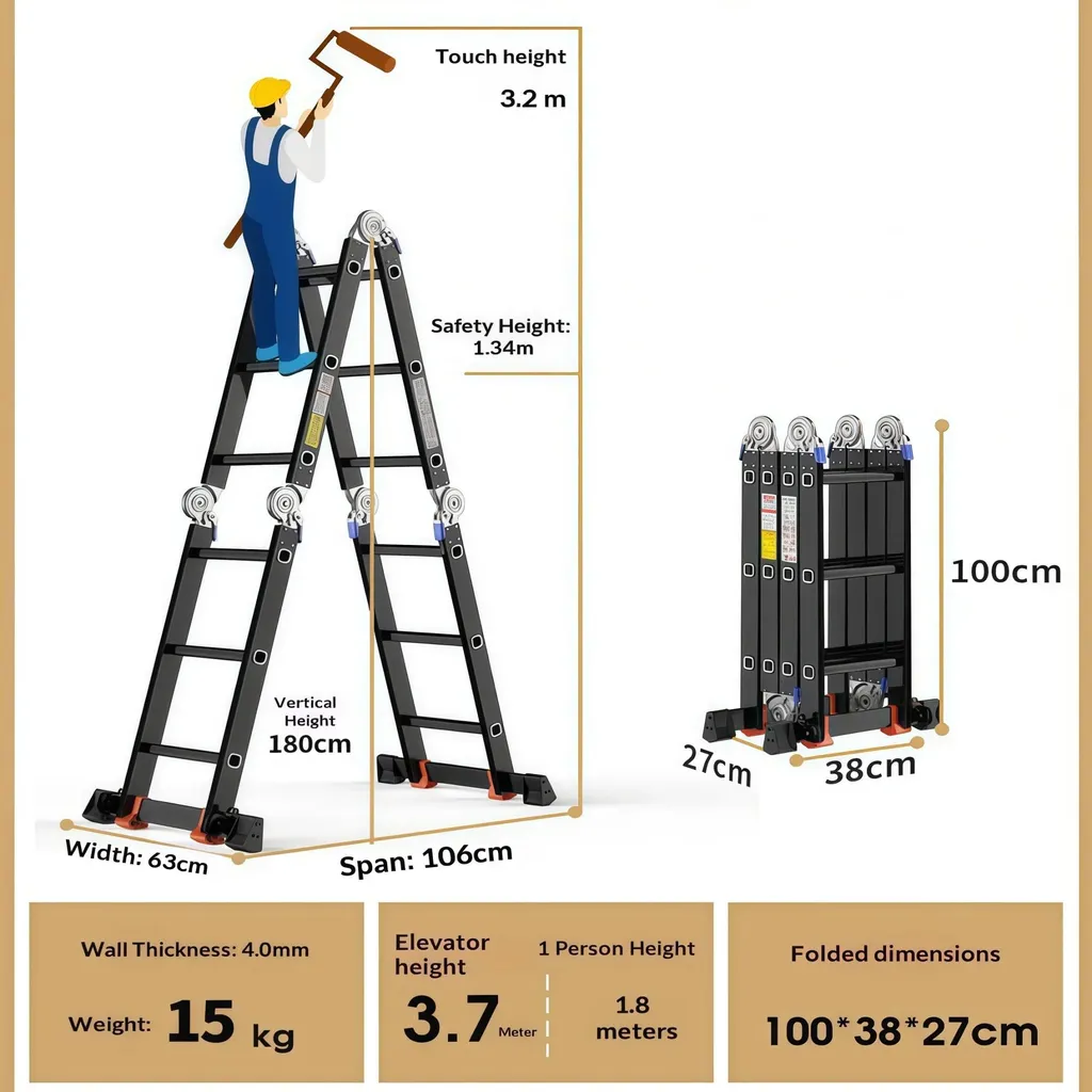 Échelle Articulée Multifonction 4x3 - 350cm - Aluminium Noir - 150kg - 6