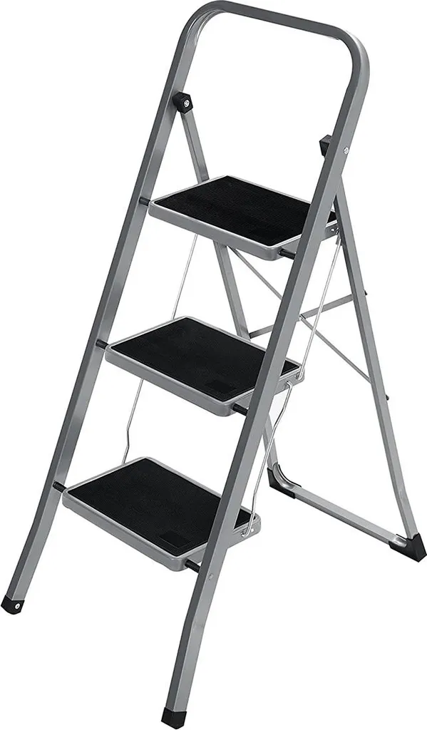 Escabeau à trois marches gris-noir en acier robuste pour usage domestique