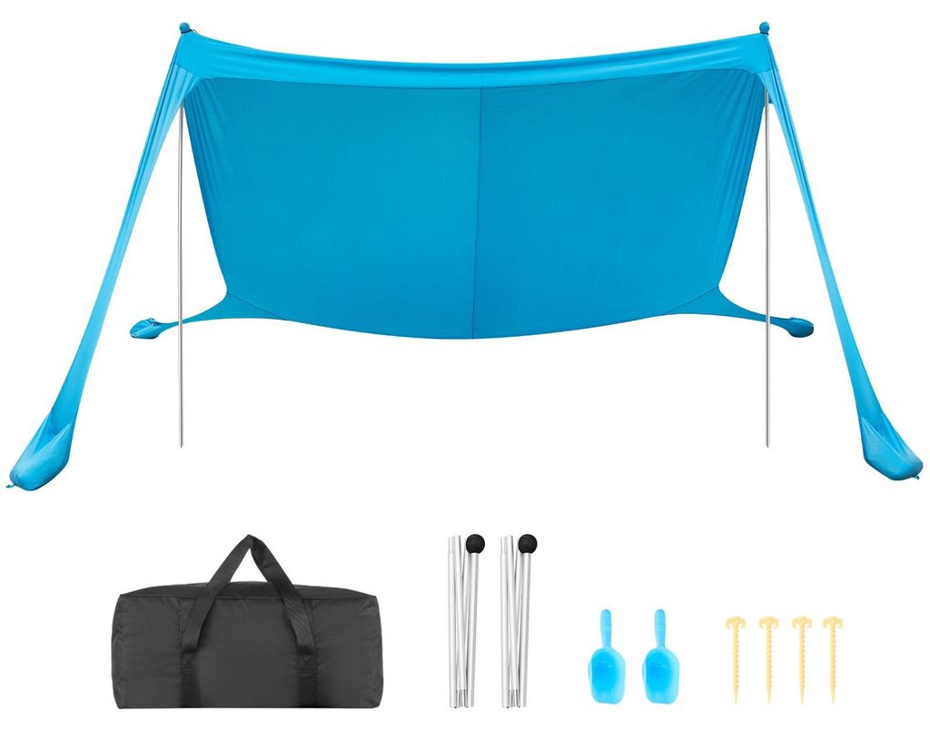 Strandzelt Strandmuschel - Tragbares Sonnensegel - UPF 50+ UV-Schutz - 3,4 x 3,4 x 2 m - Mit Stützstangen - Sandschaufeln & Tragetasche - Blau