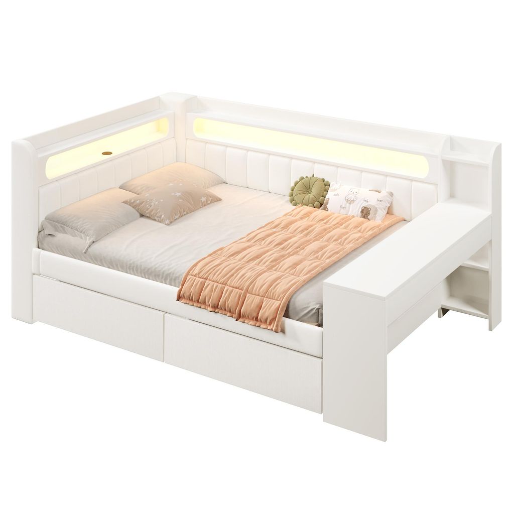 Schlafsofa mit LED-Beleuchtung, 2 Schubladen, Lattenrost, USB/Typ-C Anschlüssen, 140x200cm, Polsterbett, Doppelbett, Leinen