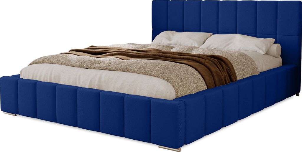 Polsterbett Dream 140x200 cm, Bett mit Kopfteil, Doppelbett mit Bettkasten, Lattenrost und Matratze aus Holz, Velourstoff: Blau