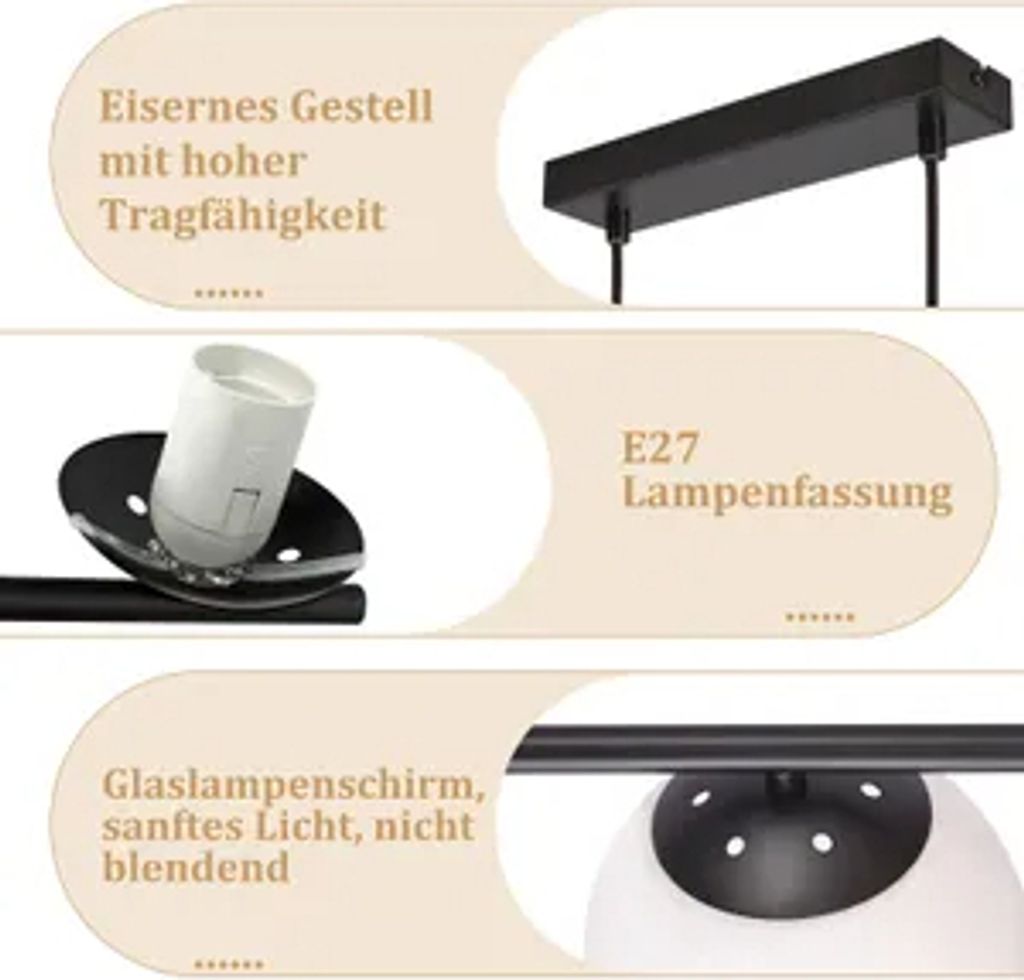 ZMH Pendelleuchte Glas Esstisch Hängeleuchte Schwarz  Produktbild 5