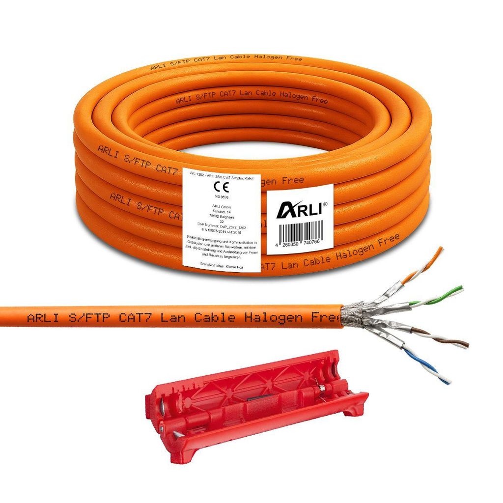 ARLI Cat7 Verlegekabel 25 m S/FTP LSZH Netzwerkkabel + Universal Abisoliermesser PIMF halogenfrei Ethernetkabel