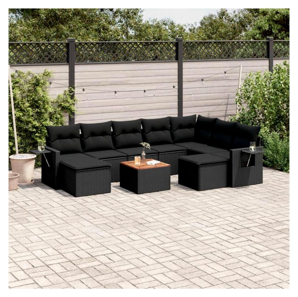 Gartenmöbel-Set mit 10 Kissen aus Polyrattan in Schwarz