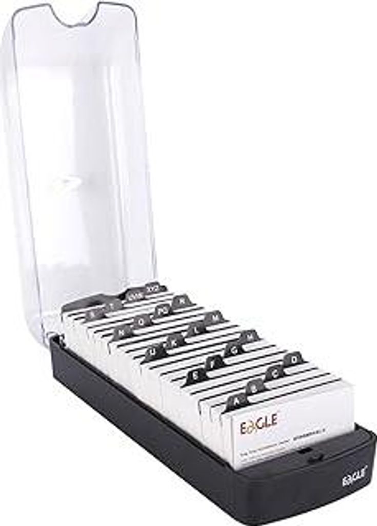 Eagle Visitenkartenbox für 650 Visitenkarten mit A-Z Register Visitenkartenhalter Organizer Box Schreibtisch, transparent Schwarz