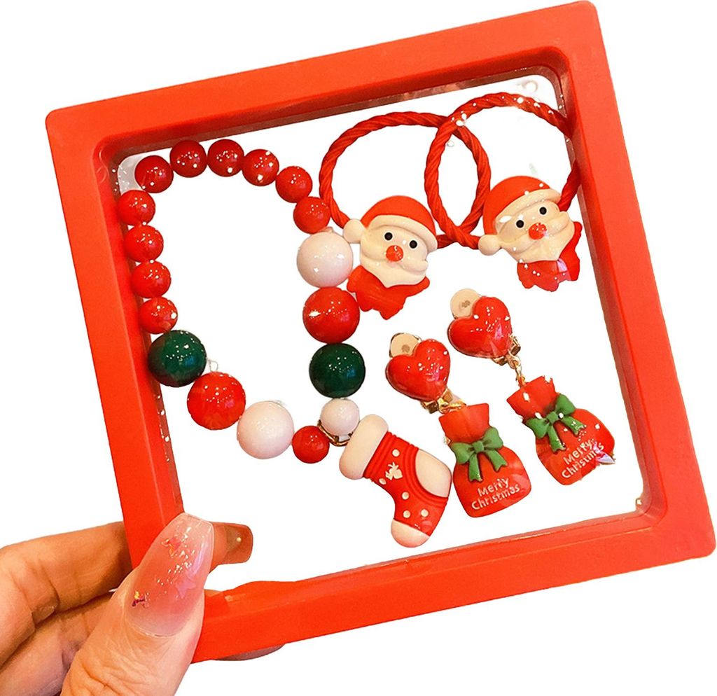 5-teiliges Weihnachtsschmuck-Set mit Armband und Ohrringen, handgefertigt, bunte Perlen, Weihnachtsmann, Rentier und Baumanhänger, Geschenk für K...