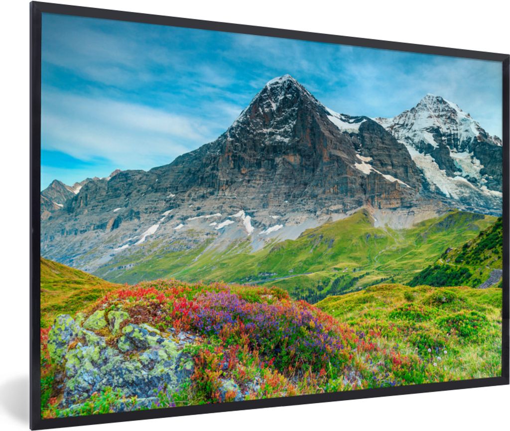 MuchoWow MuchoWow Gerahmtes Poster Blumenwiese in den Schweizer Alpen 60x40 cm - Poster mit zchwarzem Bilderrahmen - Printing - Wanddeko Schlaf...