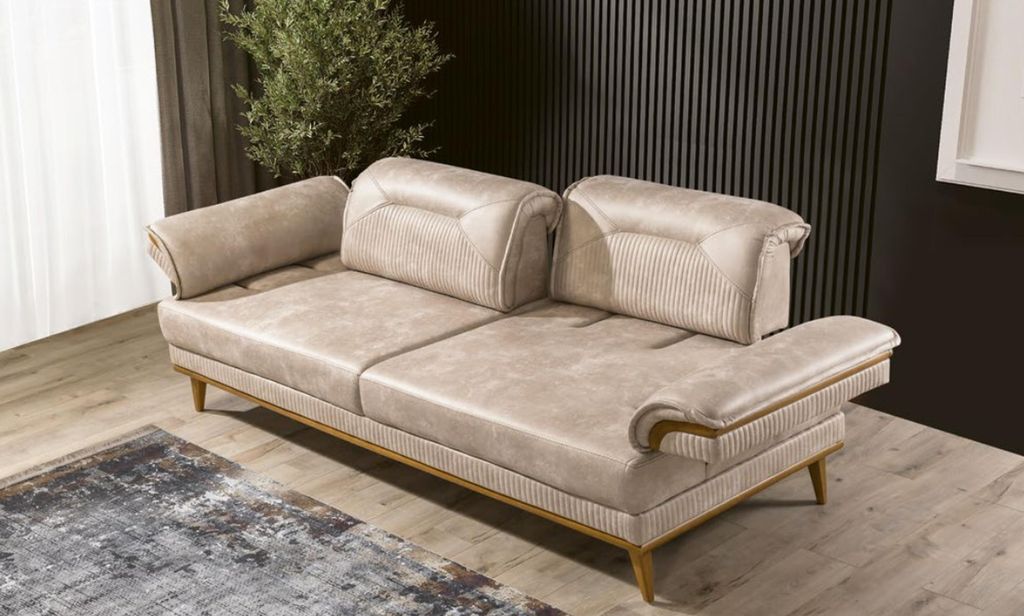 Designer Beiger 3-Sitzer Wohnzimmer Sitzcouch Textil Sitzmöbel